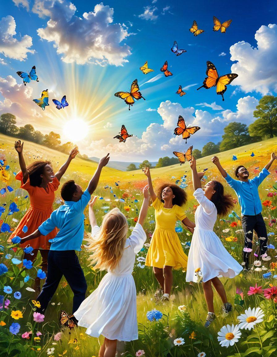 A whimsical scene of a sunlit meadow filled with colorful wildflowers and playful butterflies, where a diverse group of people from different backgrounds joyfully sing together, their expressions radiating happiness. The sky is a bright blue with fluffy white clouds, enhancing the cheerful atmosphere. Softly glowing musical notes float around, symbolizing the power of lyrics to uplift spirits. super-realistic. vibrant colors. cheerful and inviting.