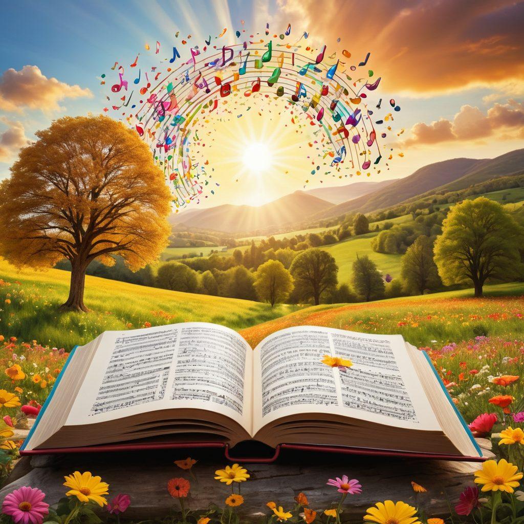 A colorful, whimsical scene depicting an open book overflowing with joyful music notes and cheerful verses, dancing in the air like confetti. A bright sun shines above, casting a warm golden light, while vibrant flowers bloom around the book, symbolizing happiness and positivity. In the background, a serene landscape unfolds with hills and trees, all infused with a sense of joy and inspiration. cartoonish style. vibrant colors. whimsical design.